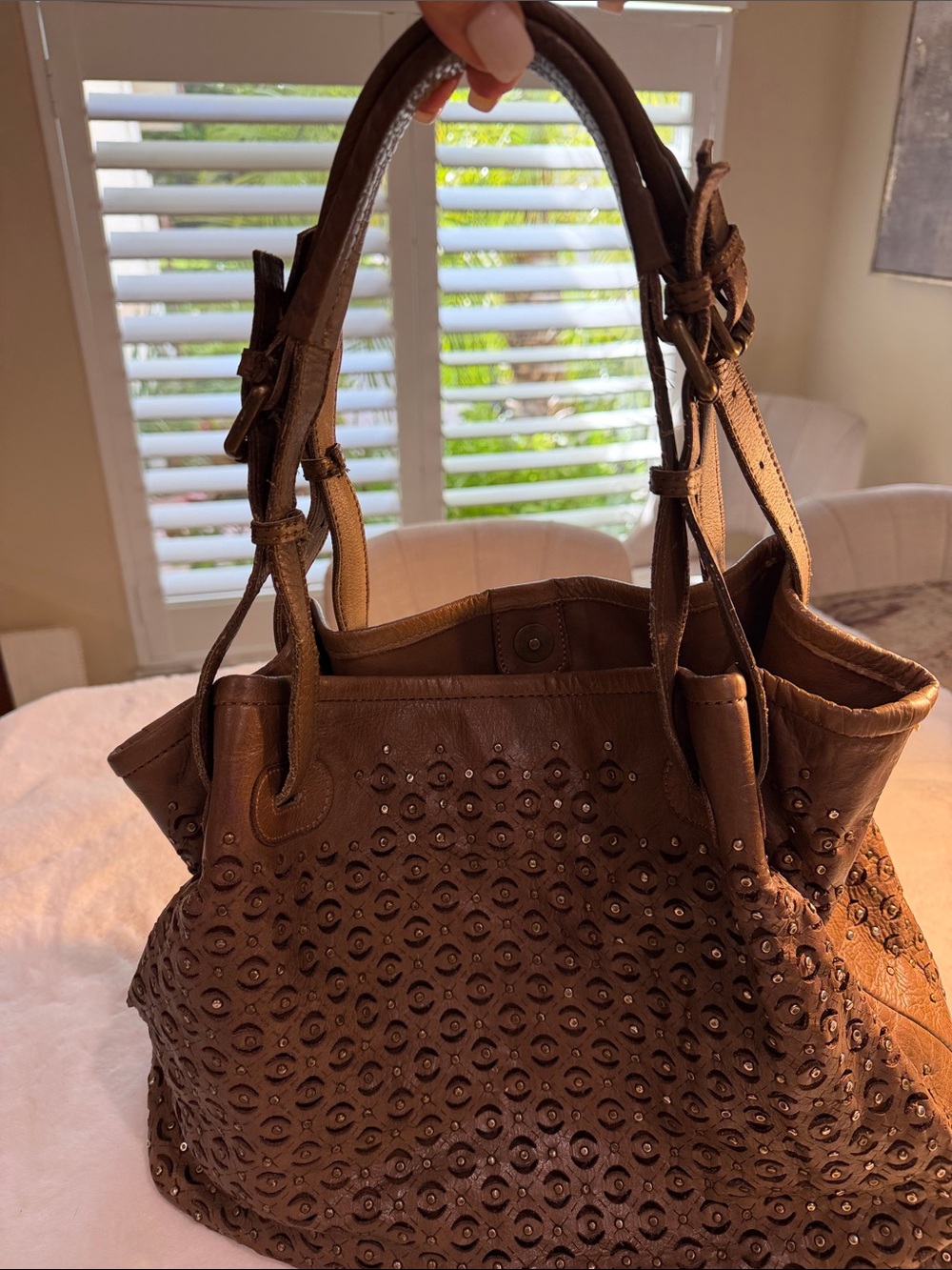 Platania Distressed Brown Leather Women's Studded Hobo Shoulder Bag